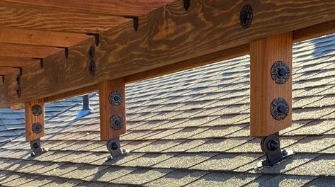 Pin on Home ideas Diy Overhang Roof, Deck Roofs Attached To House, Sloped Patio Roof, Extended Roof Over Deck, Roof Mounted Patio Cover, Roof Riser Brackets, Adding A Pergola To A Deck, Diy Deck Roof, Diy Deck Cover