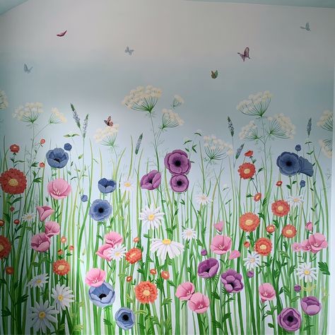 Summer Mural Ideas, Cottagecore Mural, Flower Mural Bedroom, Flower Mural Door, Wildflower Mural Nursery, Wildflower Wall Mural Diy, Wildflower Mural Diy, Flower Field Mural, Wildflower Mural Wall