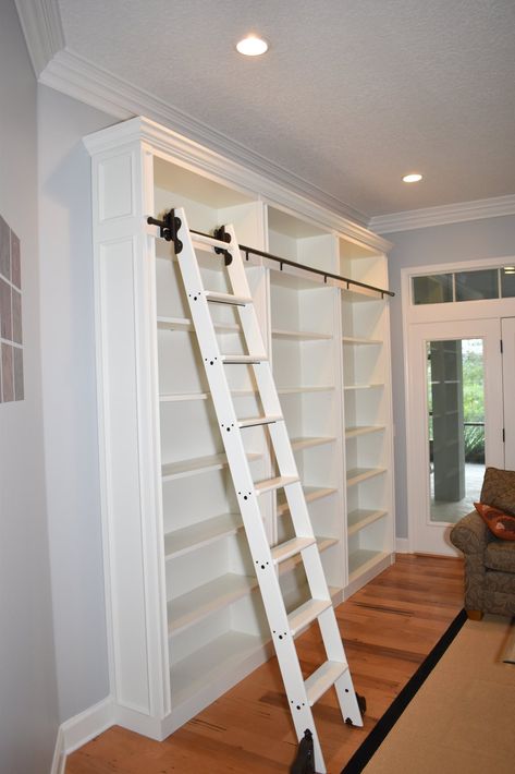 Library Ladder In Pantry, Sliding Ladder Bookshelf, Home Library Ideas, Floor To Ceiling Bookshelves, Shower Cabinets, Home Library Rooms, Library Bedroom, Bookcase Diy, Large Bookcase