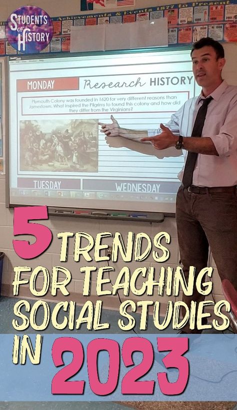 5 Top Trends for Teaching Social Studies in 2023 Middle School Teaching Strategies, Social Studies Classroom Decorations, Teaching Social Studies Middle School, Middle School Social Studies Classroom, High School History Classroom, Social Studies Games, 7th Grade Social Studies, Social Studies Projects, High School Teachers