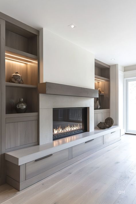 Built-In Around Fireplace: Elegant Solutions for Your Living Space - Quiet Minimal Fireplace With Storage Bench, Modern Built In Entertainment Center With Fireplace, Raised Hearth Fireplace With Built Ins, Fireplace Bench Storage, Contemporary Living Room Fireplace, Recessed Tv Wall Ideas, Focal Fireplace Wall, Tv Wall Without Fireplace, Floating Hearth Fireplace