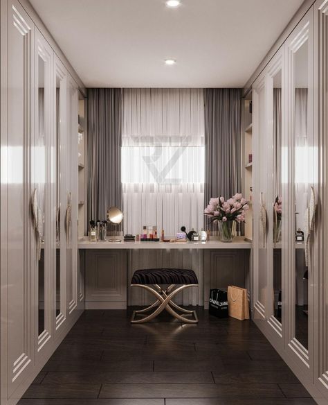 Makeup Vanity In Walk In Closet, Walk In Closet With Makeup Vanity, Dressing Table Under Window, Spare Bedroom Into Walk In Closet, Lake House Guest Bedroom, Built In Dressing Table, Modular Sofa Living Room, Small Kitchen Design Apartment, Small Dressing Rooms