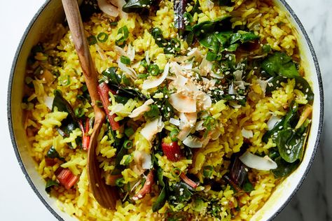 One-Pot Turmeric Coconut Rice With Greens Recipe - NYT Cooking Cooking With Turmeric, Turmeric Rice, Nyt Cooking, Coconut Rice, Greens Recipe, Healthy Nutrition, One Pot, Health And Nutrition, Coconut Milk