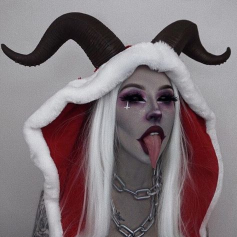 👹Krampus👹 This look was requested so many times so here it is! I wanted to do my own version of Krampus and I’m happy w/ how this came out!… Red Demon Makeup, Demon Makeup, Christmas Horror, Scary Christmas, Horror Makeup, Halloween Makeup Scary, Dark Christmas, Homecoming Makeup, Halloween Makeup Inspiration