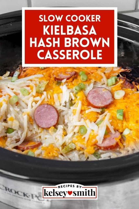 Cheesy Kielbasa, Sausage Slow Cooker, Slow Cooker Kielbasa, Sausage Crockpot, Slow Cooker Recipes Pork, Slow Cooker Casserole, Kielbasa Recipes, Crockpot Casserole, Hashbrown Recipes