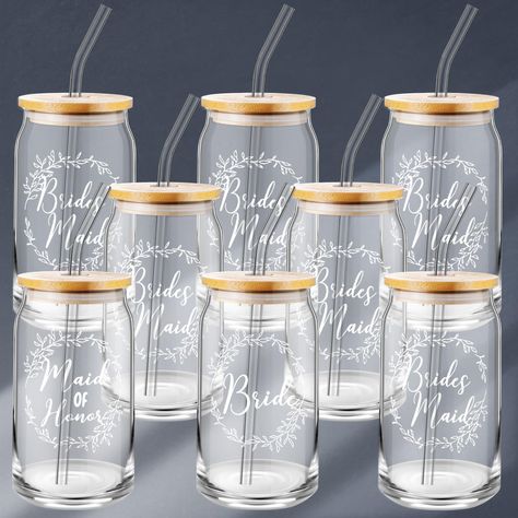 PRICES MAY VARY. Wedding Party Set: our package includes 8 pieces of iced coffee cups with lids and straws, including 1 bride cup, 6 bridesmaid cups, and 1 maid of honor cup, nice combination to satisfy your wedding needs Reliable Materials: made from quality glass, our cups and straws are not only durable but also provide an elegant touch to your event; The bamboo lids add a rustic charm, making the bridesmaid proposal gifts ideal for a wedding or bridal shower Right Size: our bride cups for ba Bridesmaid Cups Diy, Matron Of Honor Gifts From Bride, Bridal Party Thank You Gifts, Wedding Gift For Bridesmaids, Bridal Gifts For Bridesmaids, Wedding Cups For Guests, Beer Glass Wedding Favor, Bridal Party Gift Ideas, Wedding Favor Ideas For Guests