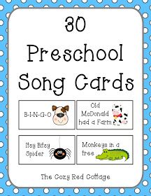 The Cozy Red Cottage: 30 Preschool Song Cards (free printables!) Transition Songs For Preschool, Music Crafts Preschool, Preschool Transitions, Song Cards, Preschool Music Activities, Transition Songs, Circle Time Songs, Kindergarten Songs, Classroom Songs