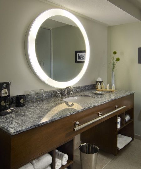 Trinity Lighted Mirror at the Hotel Indigo in Scottsdale Hotel Bathroom Mirror, Best Lighting For Makeup, Latest Bathroom Designs, Bathroom Mirror Design, Mirror Tv, Electric Mirror, Hotel Indigo, Latest Bathroom, Led Bathroom Lights