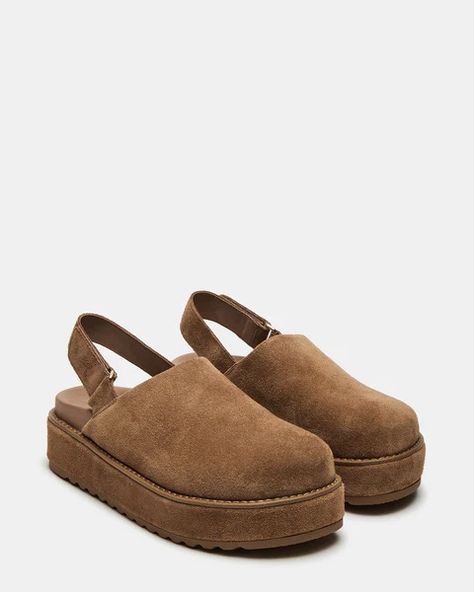 MELLOW Cognac Suede Slingback Platform Clog | Women's Flats – Steve Madden Suede Clogs, Platform Clogs, Shoe Inspo, Swag Shoes, Women's Flats, Shoe Closet, Fall Shoes, Crazy Shoes, Womens Clogs