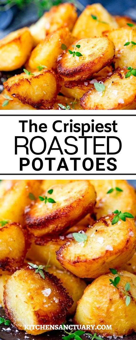 The Crispiest Roasted Potatoes you'll ever bake. When I'm roasting potatoes, I want that crunchy exterior you can only get from fluffing up those edges and letting them bubble away in hot fat, with a fluffy, light interior. And the crispy bits in the bottom of the roasting pan? I want those too. Eaten with a sprinkling of salt flakes. They're the bonus bits. Salty, crispy morsels, that crunch all the way through when you bite into them. Roasted Small Potatoes, Small Potatoes Recipe, Roasting Potatoes, Crispy Potato Bites, Toasted Potatoes, Easy Roasted Potatoes, Best Roast Potatoes, Perfect Roast Potatoes, Crispy Baked Potatoes