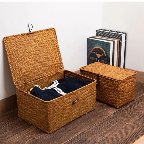 Woven Storage Baskets, Blue Slime, Seagrass Storage Baskets, Storage Baskets With Lids, Stationary Items, Basket With Lid, Large Basket, Seagrass Basket, Bamboo Basket