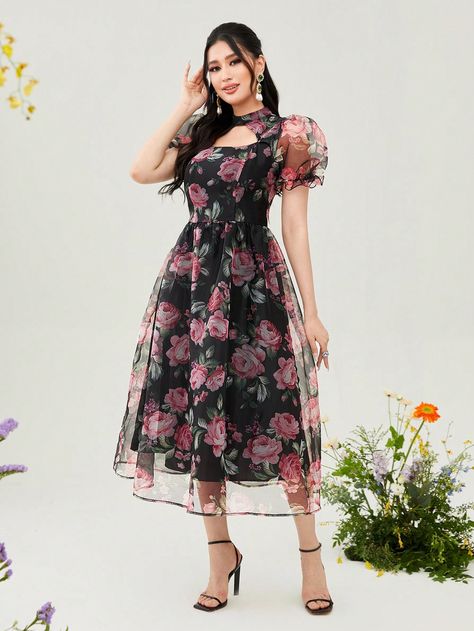 Multicolor Elegant Collar Short Sleeve Organza Floral,All Over Print A Line Embellished Non-Stretch  Women Clothing Floral Dress Organza, Floral Top Designs For Women, Black Floral Frock, Floral Organza Dress Western, Collar Frocks For Women, Organza Short Frocks For Women, Western Frocks For Women, Organza Frock Designs, Short Frock Designs For Women