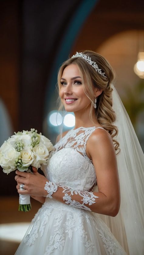 Updos, Curls, and Veils: 15 Wedding Hairstyles That Inspire Happiness - Fads Bride Updo Hairstyles With Veil Tiaras, Tiara And Veil Wedding Hair Down, Wedding Hair With Crown Tiaras, Bridal Updo With Crown And Veil, Tiara Bridal Hair, Updo With Tiara And Veil, Wedding Hair Pieces With Veil, Bride Hair With Crown, Wedding Hairstyles With Veil And Tiara