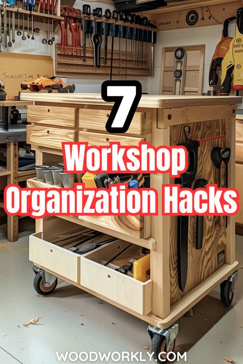 Discover clever organization hacks for your woodworking workshop! Learn space-saving tips, storage solutions, and create a more efficient workspace. Streamline your woodworking projects with these expert tips! 🛠️ #WorkshopOrganization #WoodworkingTips #DIYProjects #HomeImprovement #Woodworkers Diy Workshop Organization Ideas, Shop Tool Organization Diy Projects, Tool Storage Cabinets Diy, Woodworking Tool Storage Cabinet, Diy Tool Cart Ideas, Mancave Workshop Ideas, Wood Workshop Organization, Dream Workshop Woodworking, Upholstery Workshop Layout