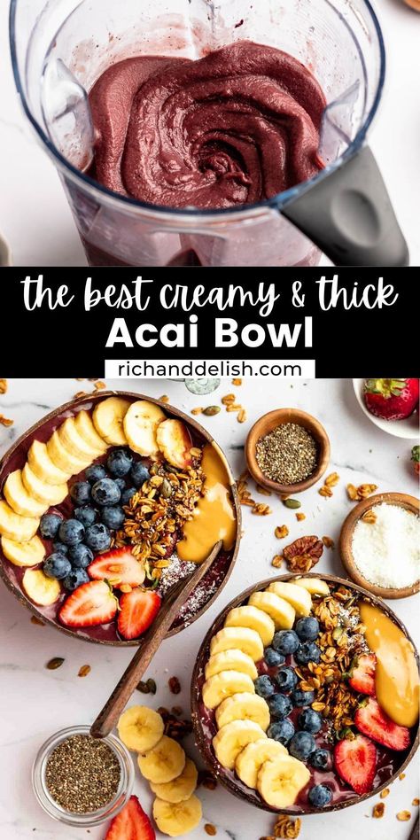 Acai Bowl Recipe Without Banana, Tropical Smoothie Acai Bowl Recipe, Acai Sorbet Recipe, Acai Puree Recipe, Acai Bowl Base Recipe, Acai Base Recipe, Thick Acai Bowl Recipe, Chocolate Banana Smoothie Bowl, Acie Bowl Recipe