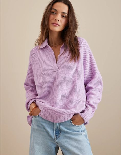 AE Oversized Collared Sweater Collared Sweater, Oversized Sweater Women, Fits Clothes, American Eagle Sweater, Purple Sweater, Collar Sweater, Mens Outfitters, School Fashion, Wide Leg Denim