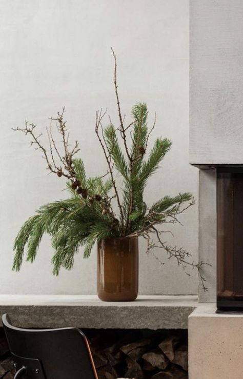 Christmas Plant Decorations, Minimalistic Christmas Table Decor, Winter Foliage Arrangements, Non Christmas Winter Decor, Lights For Christmas, Minimalist Christmas Decor, Modern Holiday Decor, Christmas Bouquet, Holiday Greenery