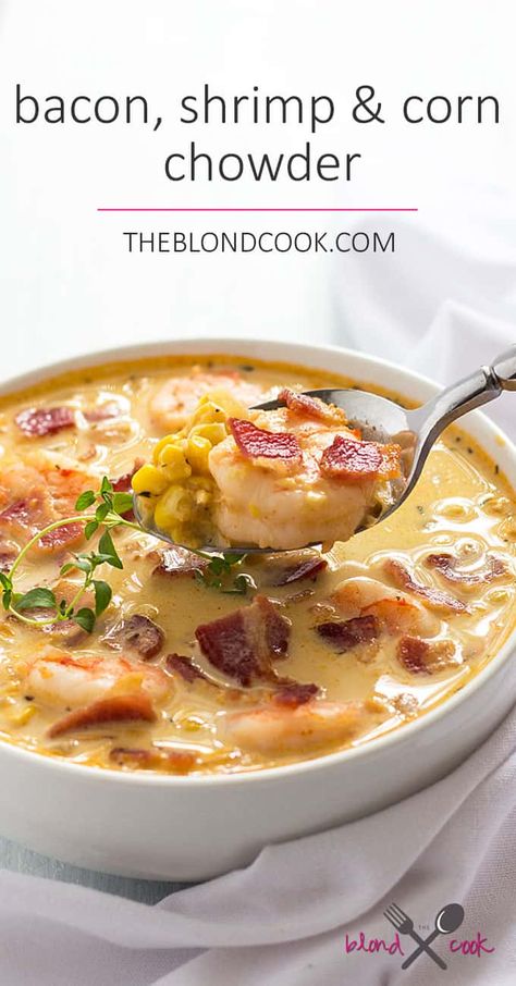 Shrimp And Corn Chowder, Shrimp Corn Chowder, Bacon Shrimp, Shrimp And Corn, Shrimp Corn, Cooked Shrimp, Chowder Soup, Corn Chowder, Chowder Recipes