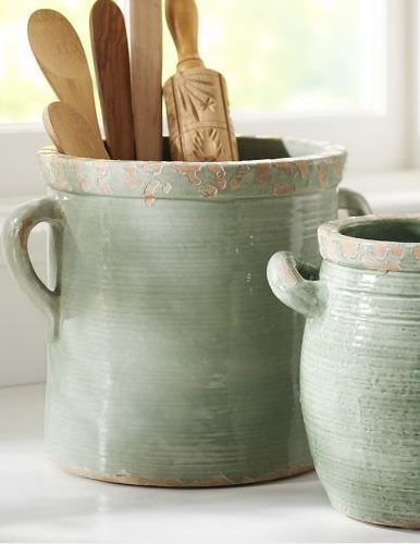 Sage Green is a very hot color this year.  You will be seeing more and more of it as the year goes by in all kinds of home decor styles.  However today I am shining the light on Sage Green and the Farmhouse Style.  The question is…Does Sage Green Fit Perfectly into Farmhouse Decor?  The … Kitchen Utensil Crock, Ceramic Crock, Stoneware Crocks, Decor Ikea, Utensil Crock, Keramik Design, Wooden Utensils, Ceramic Kitchen, Diy Interior