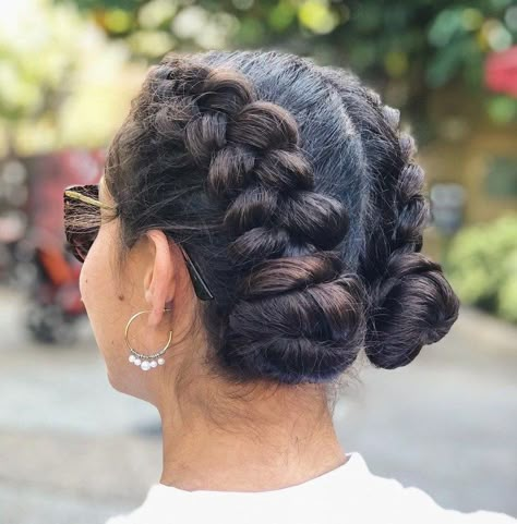 Double Dutch Braids into Buns Double Dutch Braid Updo, Two French Braids With Buns At End, Double Hair Braids, Gymnastics Braided Hairstyles, Braids In To A Bun, Dutch Braid Hairstyles For Softball, French Braids To Buns, Two Braids Updo, Two Braids Long Hair