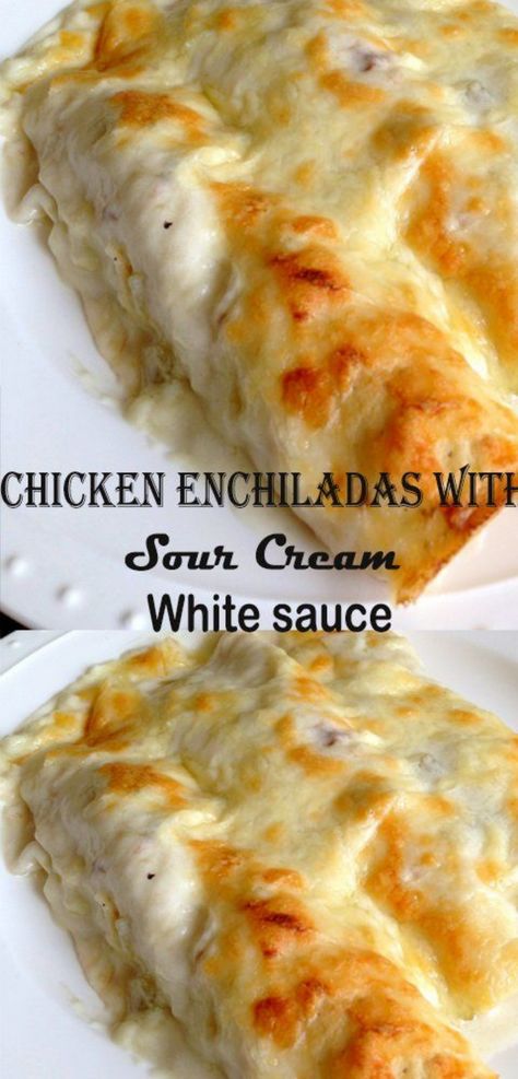 You are going to love this next recipe for Chicken Enchiladas with Sour Cream White sauce because it is delicious and super easy to make. White Chicken Chile Enchiladas, White Chicken Enchiladas Cream Of Chicken, White Turkey Enchiladas, Chicken Burritos With White Sauce, White Chicken Burritos, Low Carb Sour Cream Chicken Enchiladas, Sour Cream Burritos, Enchilada Cream Sauce, Using Up Sour Cream