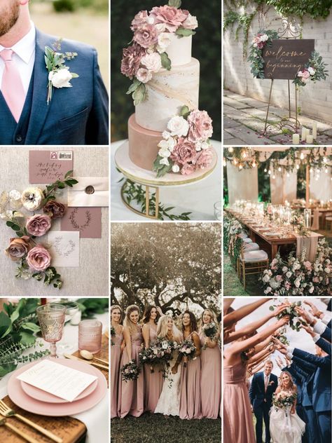 Dusky Pink And Gold Wedding, Dust Rose And Sage Wedding, Tan And Cream Wedding Color Palettes, Soft Romance Wedding Theme, Farmhouse Wedding Color Schemes, Earthy Pink Wedding, Dusty Rose White And Gold Wedding, Champagne Dusty Rose Wedding, Blush Tones Wedding