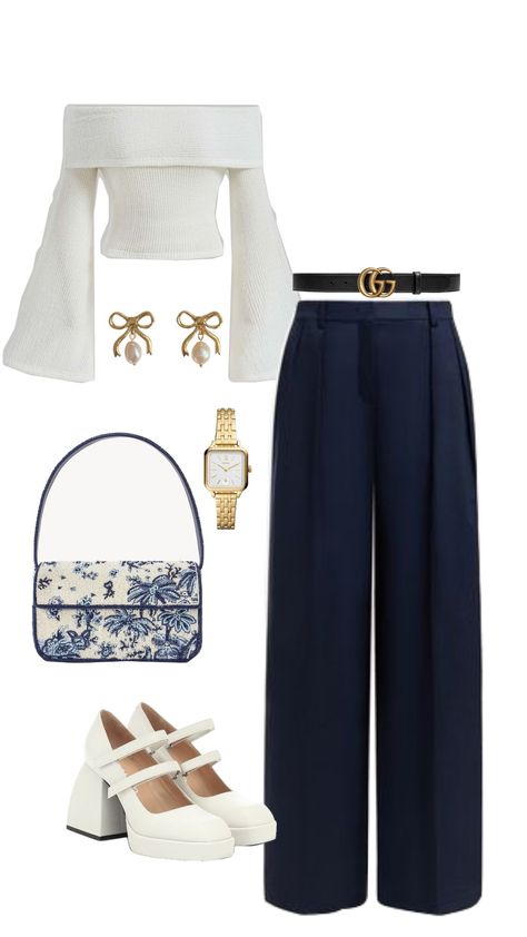 Blue And White Classy Outfit, Blue Graduation Outfit Ideas, Navy Blue And White Outfit Ideas, Elegant Every Day Outfit, Feminine Blue Aesthetic, Navy Blue Classy Outfits, Ingenue Outfits Winter, Navy Blue Christmas Outfit, Navy Blue Outfit Ideas Classy