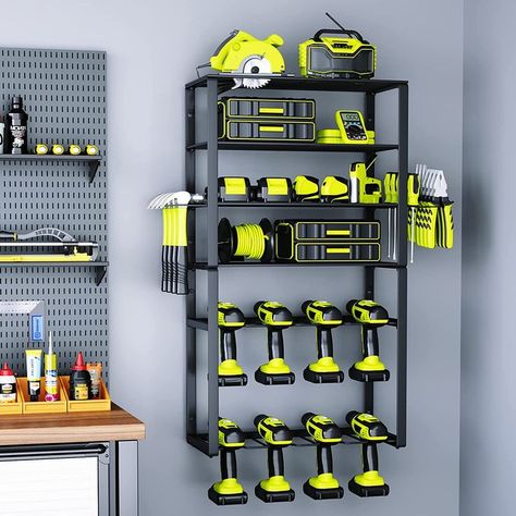 HE UPPER SPACE: KAFAHOM storage shelves heavy duty provides more accessibility by expanding it all the way up, utilizing the upper space that previously seemed useless. The height in total is 34", width 16", and depth 9". If you want an extra add-on for unorganized tools, a narrow corner can suit the rack well and hassle-free. Let the tools enjoy every fresh breath! #garage #garageorganization #garagestorage #garagegoals #garageorganizers Tool Shelf, Garage Wall Organizer, Garage Ceiling Storage, Power Tool Organizer, Wood Shelving Units, Garage Storage Racks, Power Tool Storage, Drill Holder, Garage Storage Shelves