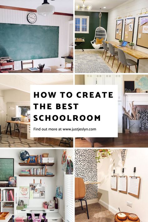 Homeschool Room Ideas from Homeschool Mommy Experts that will inspire your organized learning area for kids even in small space and on a budget! Ideas for home school desks, tables, storage and more! Ideas for preschool, kindergarten, elementary, older kids, teens, and more! #homeschoolroom #homschooling Homeschool Room Colors, Homeschooling Decor Ideas, Modern Homeschool Space, Homeschool Room Ideas Basement, Homeschool Room Paint Ideas, Creating A Homeschool Space, After School Room Ideas, Home School Space Ideas, Home School Office Ideas