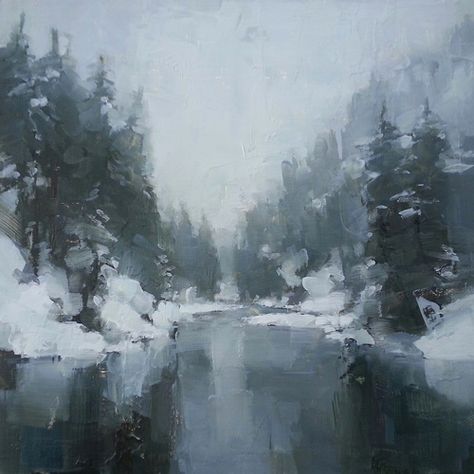 Land of Ice and Snow James Kroner Paintings, Snow Art Aesthetic, Snow Night Painting, Impressionist Winter Painting, Snow Painting Aesthetic, Oil Painting Snow Landscapes, Winter River Painting, Paintings Of Snow, Snow Reference Drawing