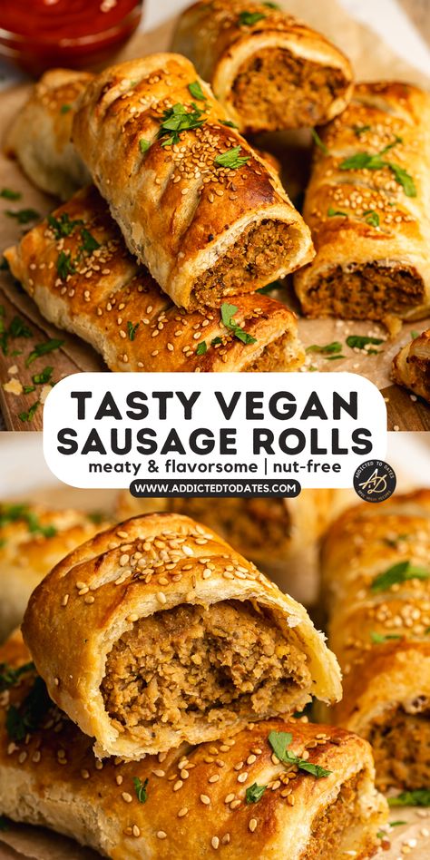 vegan sausage rolls with meaty filling, flaky puff pastry and a sprinkle of fresh herbs on top. Soy Puffs Recipe, Vegan Sausage Rolls Recipe, Vegan Savory Pastries, Vegan Puff Pastry Appetizers, Vegan Savory Snacks, Vegan Puff Pastry Recipes, Vegan Pasty, Vegan Pastry Recipes, Chickpea Filling