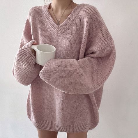 Oversized Sweater Soft, Cozy Oversized V-neck Sweater With Long Sleeves, Oversized Soft Knit V-neck Sweater For Fall, Cute Oversized Sweaters Korean, Korean V Neck Sweater, Casual Pullover Sweater, Loose Pullover Sweater, Thermal Sweater, Korean Casual