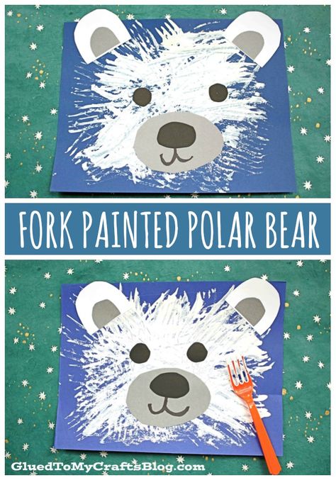 #gluedtomycrafts Fork Painted Polar Bear – Kid Craft Idea For Winter Christmas Art Work For Preschoolers, Toddler Polar Bear Art, Winter Painting For Toddlers, Polar Bear Preschool Art, Prek Winter Art Projects, Fork Polar Bear Craft, Polar Animal Activities For Toddlers, Preschool Polar Bear Crafts, Preschool Winter Projects