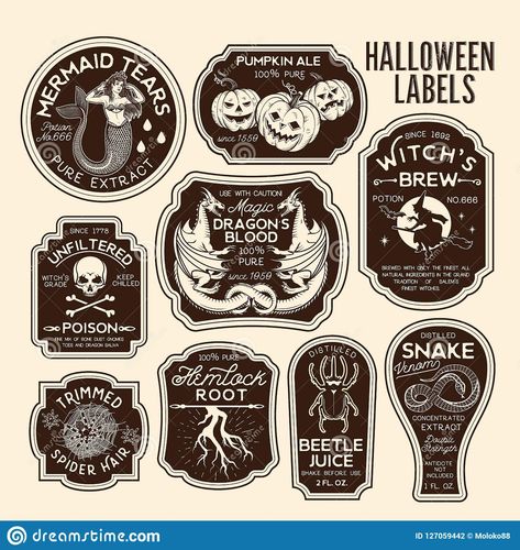 Illustration about Halloween Bottle Labels Potion Labels. Illustration of haunted, holiday, brew - 127059442 Harry Potter Potion Labels, Halloween Bottle Labels, Halloween Potion Bottles, Halloween Apothecary, Harry Potter Potions, Apothecary Labels, Potion Labels, Casa Halloween, Halloween Bottles