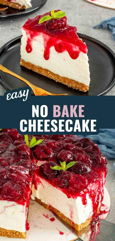 This No Bake Cheesecake is the perfect dessert for any occasion—rich, creamy, and no oven needed! 🍰 #NoBakeCheesecake #EasyDesserts #CheesecakeLovers #NoBakeDesserts #SweetTreats Best No Bake Cheesecake, No Bake Cheesecake Filling, Delicious Cheesecake Recipes, No Bake Cherry Cheesecake, Cherry Topping, Easy No Bake Cheesecake, Homemade Cheesecake, Baked Cheesecake Recipe, Best Cheesecake