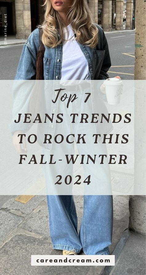 Discover the 7 latest jeans trends for Fall and Winter 2024! From wide leg and straight jeans to leopard jeans, stay ahead in denim fashion. Plus, explore chic and classy jean fall outfit ideas and jean winter outfit ideas. Perfect guide for all fashion-forward women! 2024/2025 fall winter jeans trends for women. New Trend Jeans For Women, Jeans Fall 2024 Outfit, Trending Jeans Outfit, Denim Casual Outfit For Women, Fall Outfits With Blue Jeans, Kick Jeans Outfits, Jeans For Winter For Women, Celebrity Jeans Outfit, Fall Outfits 2024 Jeans