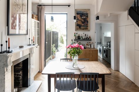 For Sale: Manwood Road, London SE4 | The Modern House Terraced House Interior, White Terrazzo Tile, Terrace House Interior, Painting Ikea Furniture, Terrace Kitchen, Monochrome Interior, Three Bedroom House, The Modern House, London House