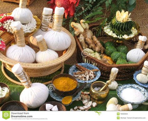 Photo about Traditional Thai herbal compress is made from Thai herbs. Thai herbal ball is used for massage session. Image of natural, herbal, balls - 18560094 Herbal Compress, Herbal Steam, Medicine Ball, Thai Massage, Body Ache, Massage Room, Natural Therapy, Spa Massage, Medicinal Herbs