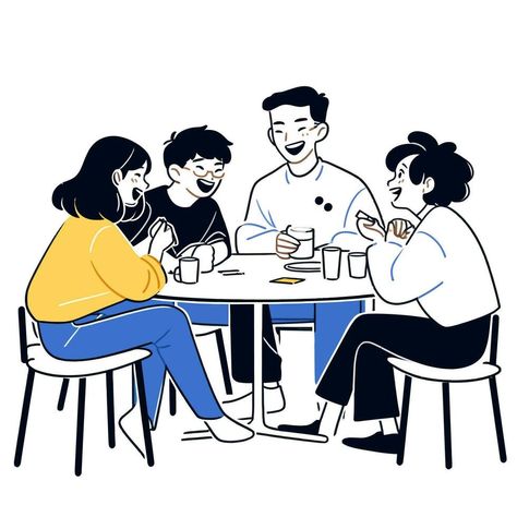 Friend Group Illustration, Group Illustration Friends, People Eating Illustration, Group Of People Illustration, Happy Group Of Friends, Illustration Art Friends Group, Laugh Illustration, Laughing Together, Laughing Illustration