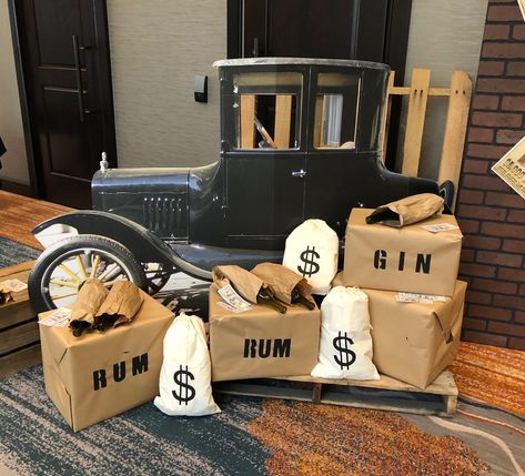 Speakeasy Decor ... money bags, empty boxes wrapped in butcher paper, wooden pallets Speakeasy Party Centerpieces, The Godfather Party Decorations, Mafia Theme Party Decoration, Mafia Theme Party, 1920s Party Theme, Mafia Theme, Peaky Blinders Theme, Mafia Party, Gangster Party