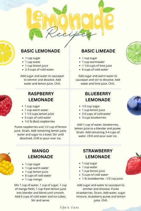 How To Make Raspberry Lemonade, Diy Lemonade Recipe, Recipes For Lemonade, Super Easy Drinks To Make At Home, Yummy Lemonade Recipes, Different Lemonade Recipes, Homemade Limeade Recipe, Fun Lemonade Recipes, Lemonade Recipes Homemade