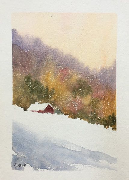 Snowy Barn Painting, Snow Painting Watercolor, Watercolor Inspo Landscape, Watercolor Christmas Cards Ideas Winter Scenes, Winter Landscape Ideas, Winter Sunset Watercolor, Watercolor Winter Paintings, Winter Scapes Painting, Winter Tree Watercolor