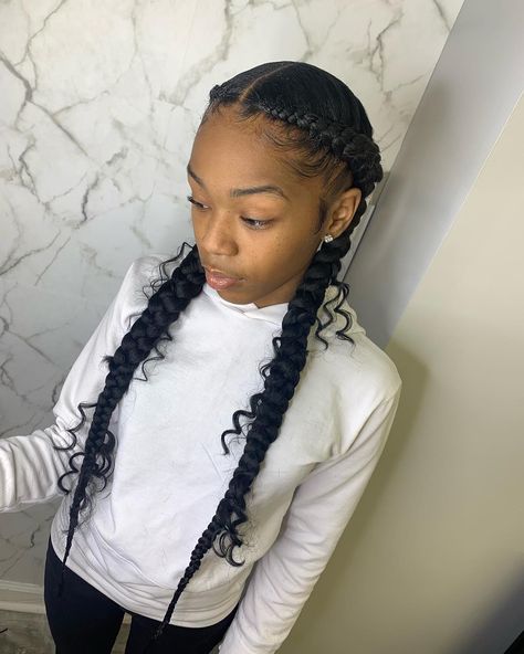 @1naebraids on Instagram: “2 braids with boho hair added 😍” 2 Scalp Braids With Weave, 2 Box Braids Hairstyles, Two Braids And Curls, Two Bohemian Feed In Braids, 2 Boho Braids, Boho Scalp Braids, Two Braids Hairstyle Black Women With Curls, Boho 2 Braids, Two Boho Braids