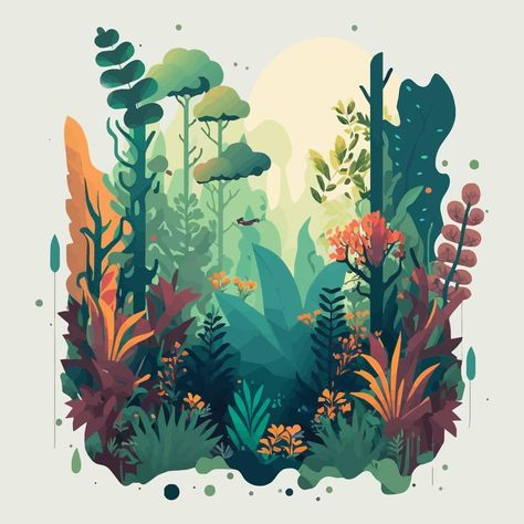 Nature Mountain Forest Jungle Landscape Background in Vector Flat Color Jungle Design Illustration, Colorful Vector Art, 2d Landscape Illustration, Forest Flowers Drawing, Jungle Illustration Background, Forest Illust, Bamboo Forest Illustration, Forest Illustration Art, Forest Background Illustration