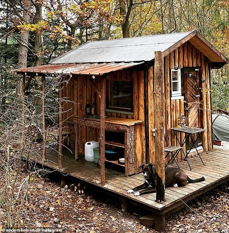 Vacant Lot Ideas, Cabin Trip Ideas, Little Cabin Interior, Small Cabin Exterior, Small Cabins On A Budget, Mini Cabin Ideas, Old Cabin Interior, Shack In The Woods, Small Hunting Cabin