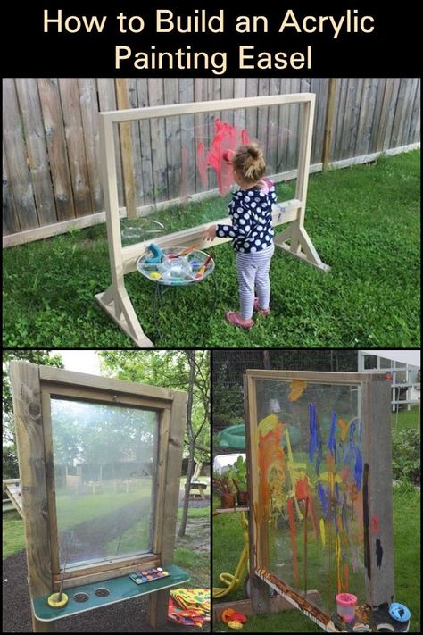 Build a DIY acrylic painting easel and watch your budding artists at work! Diy Perspex Easel, Diy Outdoor Paint Easel, Diy Acrylic Easel, Diy Outdoor Easel, Outdoor Painting Area, Diy Paint Easel, Outdoor Art Easel, Outdoor Easel, Kids Art Easel