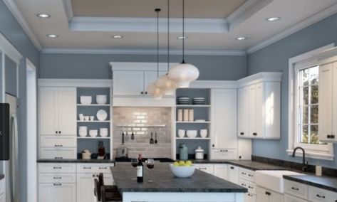 Bracing Blue Sherwin Williams, Sherwin Williams Bracing Blue, Bracing Blue, Cabin Colors, Painted Rooms, Blue Kitchen Walls, Repose Gray Sherwin Williams, Grey Blue Kitchen, Blue Gray Paint Colors