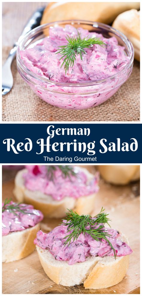 German Red Herring Salad (Roter Heringssalat) Cowboy Trifle, Trifle Salad, Herring Salad, German Appetizers, Daring Gourmet, Herring Recipes, Pickled Herring, Chicken Salad Recipe Easy, Carrots Recipe