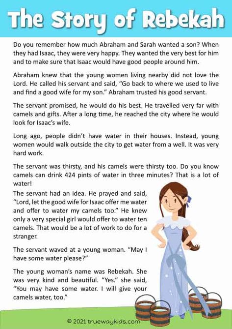 Check out this pin for all the details you need to teach your 5-10 year old kids about the Rebekah Bible story! With worksheets, study guide, Bible story, games, crafts, coloring pages, and more, your kids will love learning about this amazing woman from the Bible. Isaac And Rebecca Bible Story, Rebekah Bible Woman, Bible Reading For Kids, Bible Stories For Kids Sunday School, Bible Story Games, Bible Stories To Read, Rebekah Bible, Abraham Bible Story, Children Bible Stories