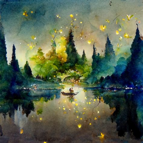 lake avalon, magical lake, fairies, floating fairies, fireflies, golden water, trees surrounding magical lake, fairies floating around edge of lake, tiny fairies, excalibur at bottom of lake, magical, nature, overgrown, 4k, watercolor and fine line, whimsical Abstract Whimsical Art, Watercolor Magic Forest, Firefly Watercolor Paintings, Magical Watercolor Paintings, Whimsical Nature Art, Lake At Night Painting, Magical Landscape Painting, Firefly Paintings, Watercolor Fireflies